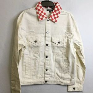 Elwood white denim jacket with red checker collar size M